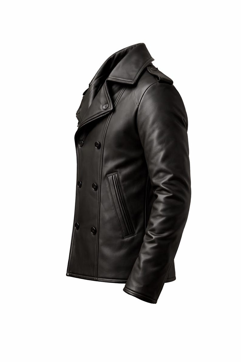 Mens genuine leather jacket buttons and lapel - slim fit double breasted peacoat craftsmanship detail