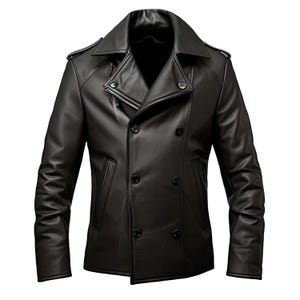 Genuine leather jacket close up showing premium black leather texture and double breasted button details