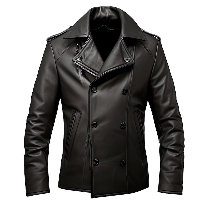 Genuine leather jacket close up showing premium black leather texture and double breasted button details