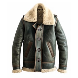 Distressed Green Shearling Leather Aviator Jacket: Vintage Bomber Style
