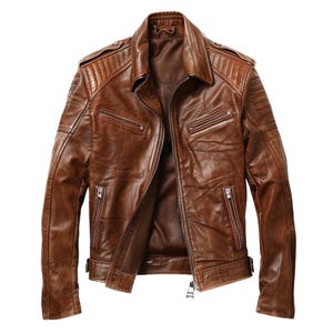 Mens Brown Sheepskin Leather Biker Jacket: Vintage Motorcycle Coat