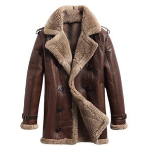 Womens Shearling Lined Leather Trench Coat (Gabardina de cuero para mujer) – Brown Winter Vintage Aviator Jacket