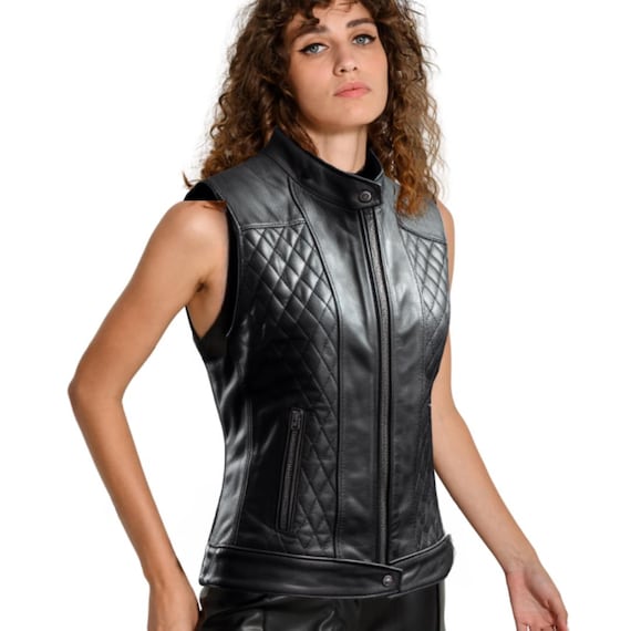 Gilet da motociclista in pelle trapuntata nera senza maniche da