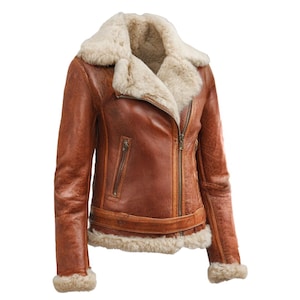 Womens Shearling Leather Jacket Sheepskin Aviator Coat with Fur Lining, Brown Vintage Winter Bomber Leather Jacket