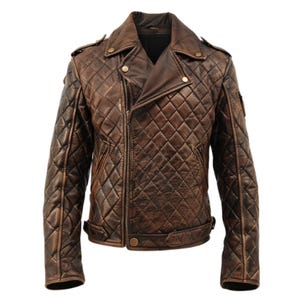 Vintage Quilted Distressed Brown Leather Biker Jacket – Handmade Retro Motorcycle Style for Men