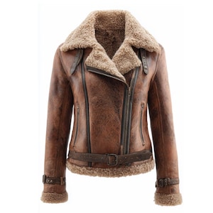 Womens Shearling Leather Jacket Real Sheepskin Vintage Aviator Coat with Fur Lining | Distressed Brown Winter Biker Jacket