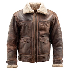 Herren Lammfell Lederjacke Vintage Distressed Aviator Bomber Coat Echtes Schaffellleder mit Pelzfutter Handmade Jacke