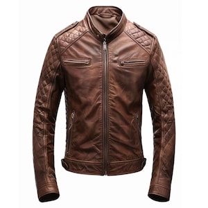 Men&#39;s Brown Lambskin Leather Biker Jacket: Quilted Cafe Racer Style