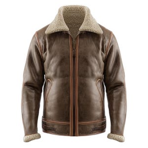Braune Lammfell-Lederjacke für Herren aus echtem Schaffell & Pelzfutter | Handgemachter Vintage Aviator Bomber Wintermantel