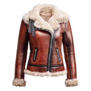 Women Shearling Leather Jacket Real Sheepskin Aviator Bomber Coat with Fur Lining | Handmade Winter Leather Jacket