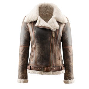 Women’s Shearling Leather Jacket – Real Sheepskin Aviator Coat | Fur Lined Distressed Brown Winter Jacket