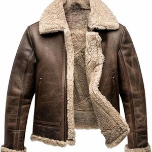 Mens Vintage Winter Leather Aviator Jacket Brown Shearling Fur Lined Bomber Coat | Sheepskin Leather Outerwear