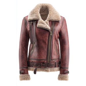 Vintage Shearling Leather Jacket Women Sheepskin Winter Aviator Jacket – Fur Lined Bomber Jacket  Warm Leather Coat