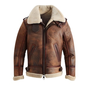 Herren Vintage Shearling Lederjacke Echtes Schaffell mit Pelzfutter Fliegerjacke |  B3 Bomber Fliegermantel