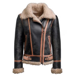 Womens Sheepskin Leather Jacket with Fur Lining - Sheepskin Leather Shearling Jacket Handmade Black Coat for Winter
