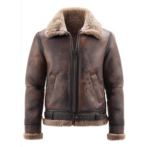 Distressed Brown Shearling Leather Jacket for Men | Real Sheepskin B3 Bomber Aviator Coat Handmade Fur Lined Vintage Winter Jacket
