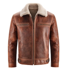 Men’s Shearling Leather Jacket Sheepskin Fur Lining Handmade Bomber Coat | Brown Vintage Winter Outerwear