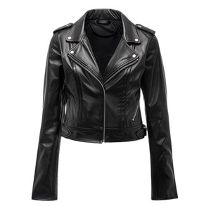 Women Black Leather Biker Jacket – Real sheepskin Leather Motorcycle Jacket with Asymmetrical Zipper & Belted Waist