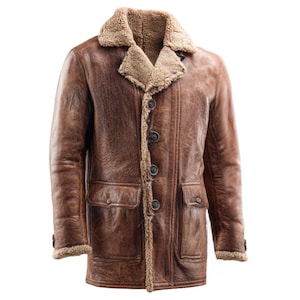 Men’s Shearling Leather Coat – Real Sheepskin Long Winter Jacket with Fur Lining | Vintage Distressed Trench Style Leather Coat