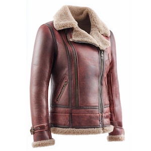 Womens Shearling Leather Jacket Sheepskin with Shearling Lining, Vintage Bomber Winter Coat
