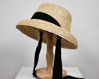 Custom Embroidered Ribbon Straw Hat, Hepburn Style, Wide Brim, Chic Boater Hat, Summer Sun Hat with Personalised Text, Elegant Vintage Gift