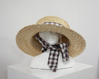 Custom Embroidery Vintage Gingham Ribbon Boater Straw Hat, Handmade Wide Brim Sun Hat, Summer Beach Hat, Cottagecore Picnic Vacation Chic