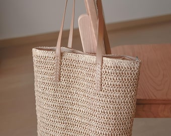 Boho Chic Woven Straw Tote, Handmade Large Capacity Shoulder Bag Secure Zipper Closure, Perfect for Beach, Work, Shopping Casual Outings