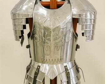 Polished Steel Medieval Armor Suit with Hand Chest Design | Full Upper Body Cuirass with Shoulder Plates & Tassets | LARP Display
