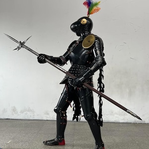 Full Black Gothic Plate Armor Suit – Knight Armor with Color Plume Helmet & Polearm – LARP, Cosplay, Reenactment Ready LARP Armor Knight