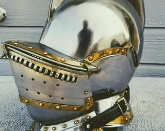 Medieval Steel Burgonet Helmet – Full Face Visor Armet with Riveted Neck Guard | Knight Armor Replica Medieval Battle Halloween Gift