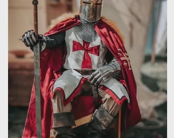 Medieval Knight Armor Templar Red Cross Costume Replica Chainmail Dress & Helmet Historical Battle Gear With Armor Cape
