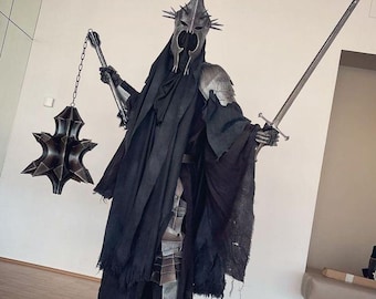 Conjunto de fantasia de armadura cosplay do Rei Bruxo Nazgûl – Fantasia de Halloween do Senhor das Trevas Medieval com capa preta e capacete com pontas