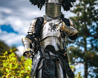 Medieval Knight Full Suit of Armor with Horned Helmet & Lion Crest – Handcrafted Steel LARP Cosplay Armor | Renaissance Faire Costume