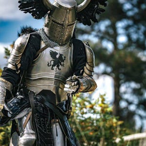 May include: A suit of medieval armor, featuring a polished metal breastplate with a black griffin emblem. The helmet has a visor and is adorned with decorative horns and black feathers. The armor includes articulated shoulder and arm pieces, and a chainmail collar.
