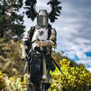 May include: A full suit of medieval armor, featuring a helmet with decorative horns and black feather accents. The silver and gold armor includes a breastplate with a heraldic emblem, gauntlets, and leg protection. A sword is held at the side, and the figure stands in a natural setting.