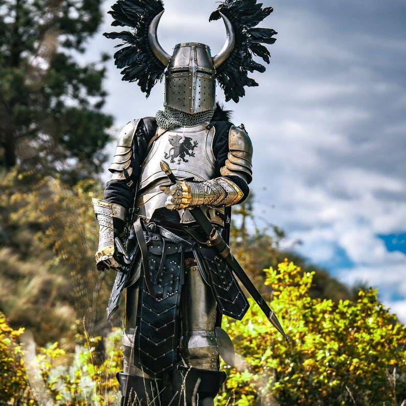 May include: A full suit of medieval armor, featuring a helmet with decorative horns and black feather accents. The silver and gold armor includes a breastplate with a heraldic emblem, gauntlets, and leg protection. A sword is held at the side, and the figure stands in a natural setting.