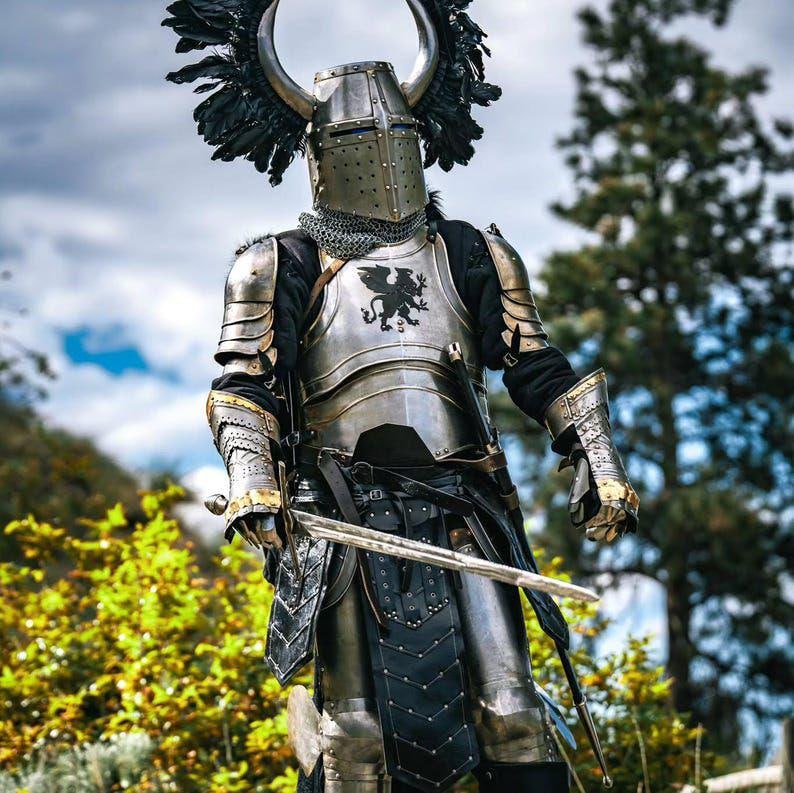 May include: A full suit of medieval armor, featuring a helmet with horns and feather accents. The silver and gold armor includes a chest plate with a heraldic emblem and is paired with a sword. The background shows greenery and a cloudy sky.