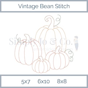 May include: An illustration of four pumpkins in varying sizes, outlined in a warm brown color. The pumpkins have stems and curly vines. The text "Vintage Bean Stitch" is at the top, with size options 5x7, 6x10, and 8x8 at the bottom.