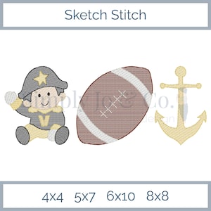 May include: An embroidery design file titled Sketch Stitch featuring a cartoon character wearing a hat with a star, a brown football with white laces, and a gold anchor. The text at the bottom indicates available sizes of 4x4, 5x7, 6x10, and 8x8 inches.