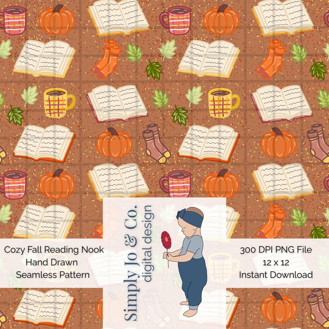 Autumn Reading Nook Seamless PNG | Cozy Fall Book Pattern | Pumpkin Mug ...