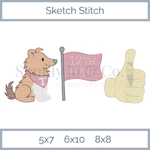 May include: An embroidered design featuring a cartoon dog wearing a pink bandana with a white "T", a pink flag with "12TH MAN" text, and a thumbs-up hand gesture. The design is labeled "Sketch Stitch".