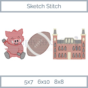 Puede incluir: Un diseño de bordado que presenta un cerdo rojo de dibujos animados, un balón de fútbol americano marrón y un edificio de ladrillo rojo con dos torres. El texto Sketch Stitch está arriba y los tamaños 5x7, 6x10 y 8x8 están abajo.