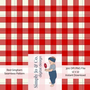 May include: Red and white gingham seamless pattern. The design includes the text "Red Gingham Seamless Pattern" and "Simply Jo & Co. digital design". A small illustration of a child holding a flower is also included.
