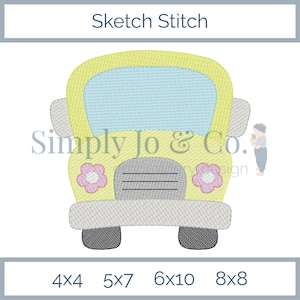 Girl School Bus Sketch Stitch Machine Embroidery Design