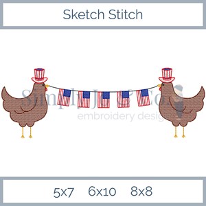 Patriotic Chickens Sketch Stitch Machine Embroidery Design