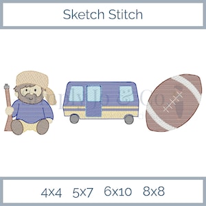 May include: An embroidery design labeled Sketch Stitch featuring a bearded figure in a tan hat holding a brown rifle, a blue and tan camper van, and a brown football with white laces. The bottom text lists sizes 4x4, 5x7, 6x10, and 8x8 inches.