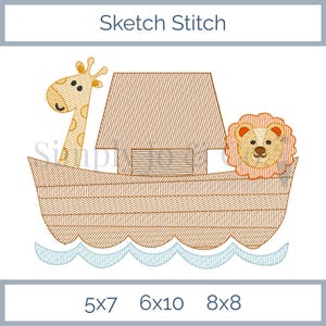 May include: An embroidered design featuring Noah's Ark with a giraffe and a lion. The ark is brown with a striped pattern, and the animals are in shades of tan and orange. The text "Sketch Stitch" is at the top.