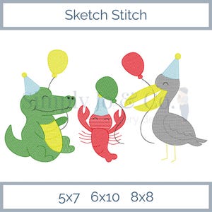 Broderidesign för födelsedagsfirande med Bayou-festdjur | Alligator, pelikan, kräfta | Skissstygnsbroderifil | 2 på Bayou