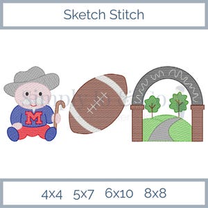 May include: An embroidery design featuring three elements: a cartoon character wearing a gray hat and blue shirt with a red letter M, a brown football with white laces, and a brick archway framing a green landscape with trees and a path.