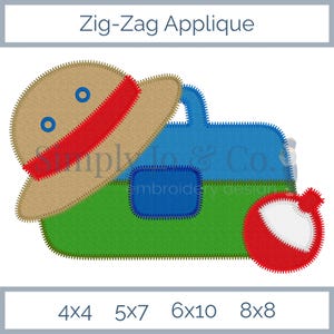May include: An applique design featuring a fishing theme. The design includes a tan fishing hat with a red band, a blue tackle box, a green base, and a red and white bobber. The text "Zig-Zag Applique" is at the top.